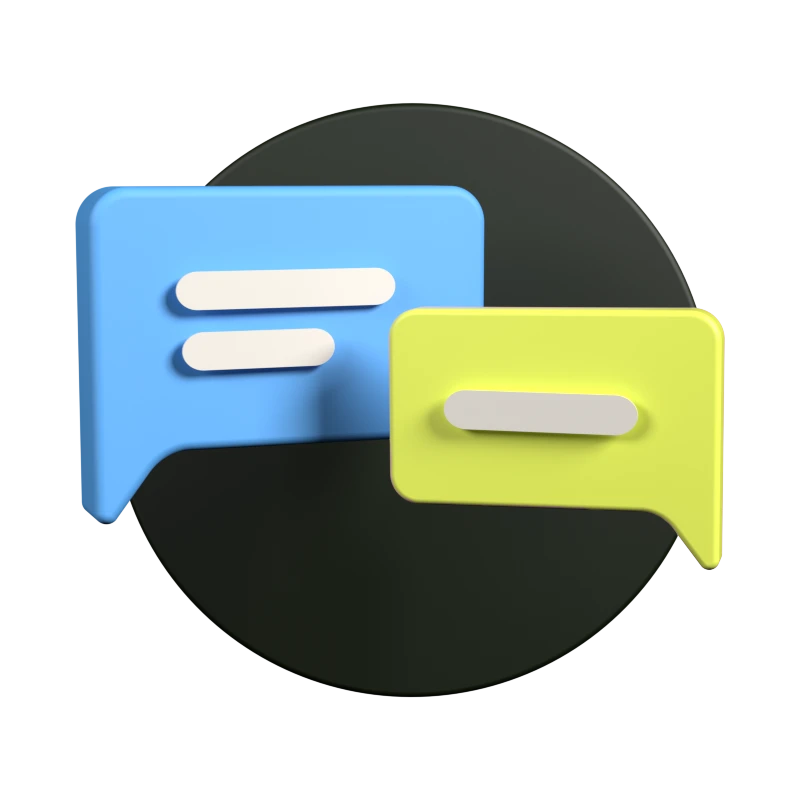 Eine Grafik mit einem schwarzen Kreis und einer 3D Abbildung eines von zwei farbigen Sprechblasen. Die linke Sprechblase ist blau und die rechte gelb.