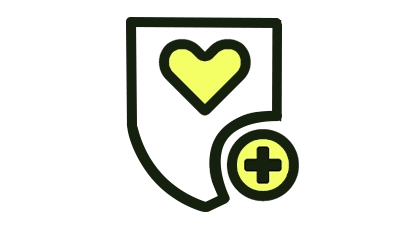 Gelbes Herz und Pluszeichen auf schwarzem Hintergrund, einfaches grafisches Design.