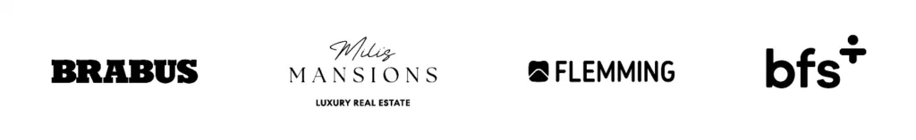 Die Logos der Marken Brabus, Milis Mansions, Flemming und BFS